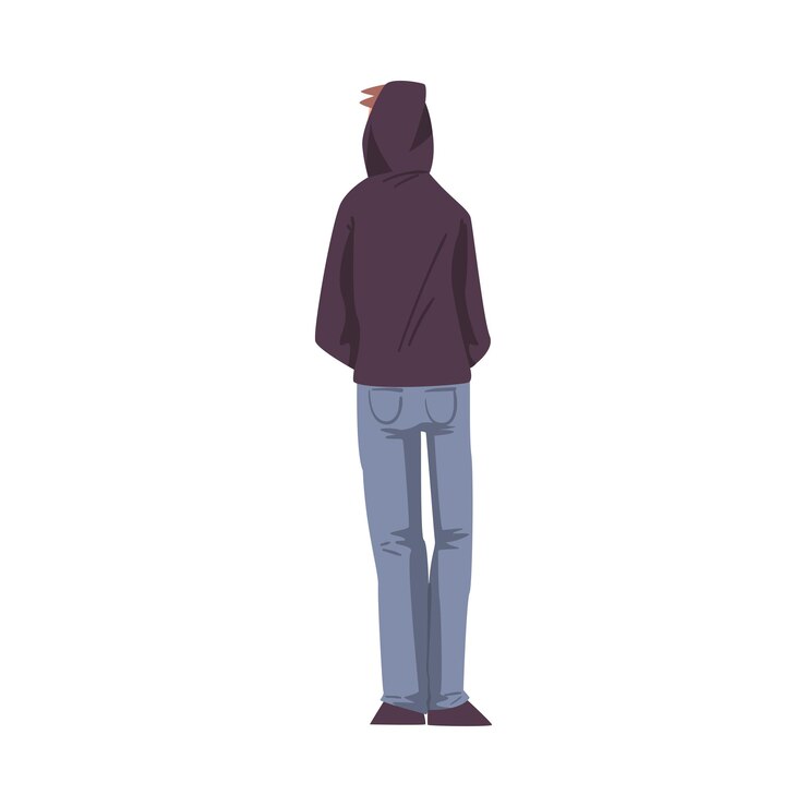 Vector vista trasera de guy in hood adolescente visto desde atrás con ropa casual de pie con las manos en sus bolsillos ilustración vectorial de estilo de dibujos animados