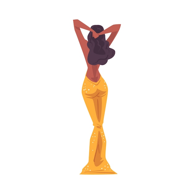 Vector vista trasera de una hermosa y delgada chica afroamericana mujer joven vista desde atrás con un vestido de fiesta de moda ilustración vectorial de estilo de dibujos animados