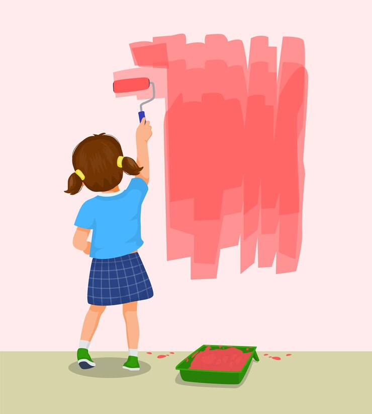 Vector vista trasera de una linda niña pintando en la pared de color rojo con un rodillo de pintura