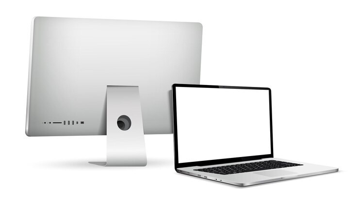 Vector vista trasera del monitor de la computadora y la computadora portátil con pantalla en blanco