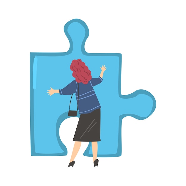 Vista trasera de la mujer resolviendo el rompecabezas La mujer de negocios tratando de conectar el elemento azul del rompecabeche Ilustración vectorial de estilo dibujos animados
