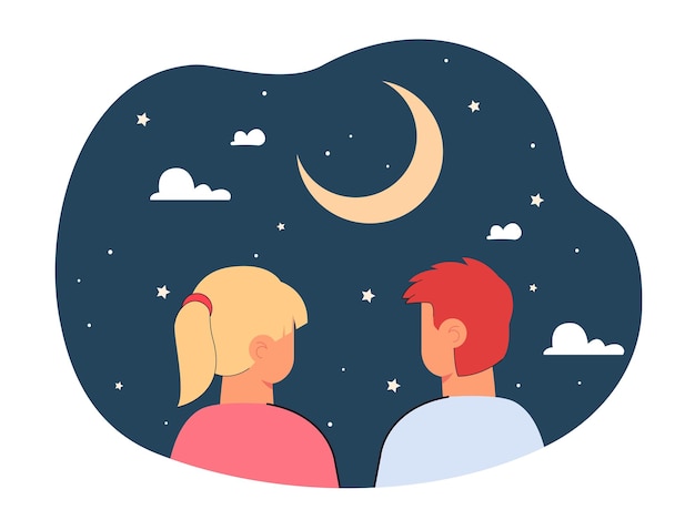 Vista trasera de una niña y un niño mirando la luna. niños de dibujos animados viendo estrellas en el cielo nocturno ilustración vectorial plana. infancia, astronomía, concepto de sueños para banner, diseño de sitio web o página web de destino