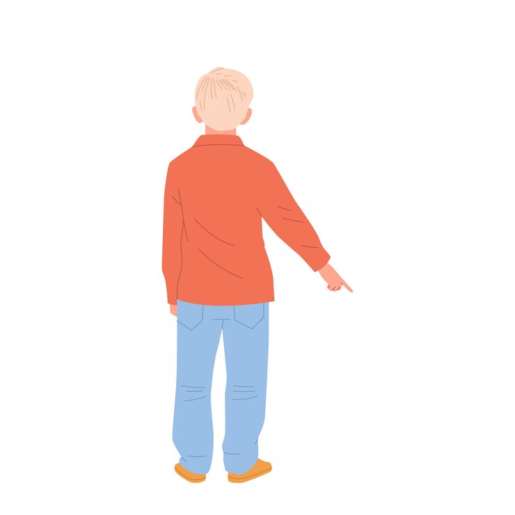 Vector vista trasera de un niño preadolescente personaje de dibujos animados señalando con el dedo hacia abajo indicando algo