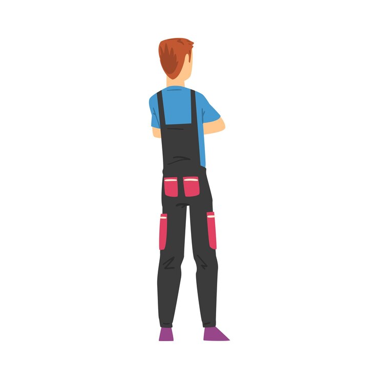 Vector vista trasera del personaje de guy worker en mono joven visto desde atrás de pie con los brazos cruzados y mirando algo ilustración vectorial al estilo de dibujos animados