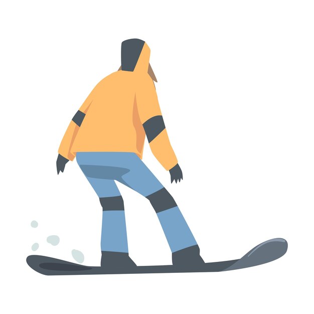 Vista trasera del personaje de snowboarder vestido con ropa de invierno Actividades deportivas extremas Vacaciones de invierno Ilustración vectorial de estilo de dibujos animados