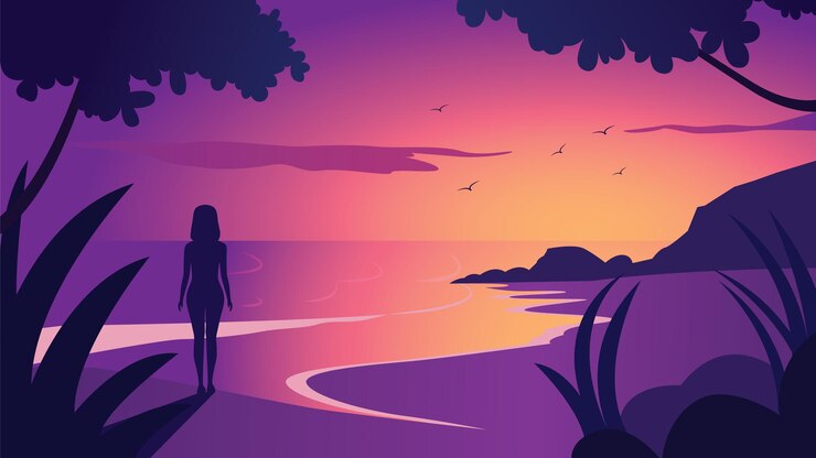 Vector vista trasera de la silueta de la mujer en el paisaje de la playa con plantas tropicales y sol al amanecer