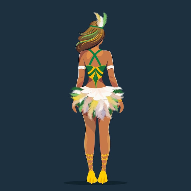 Vector vista trasera del tocado de plumas con personaje femenino brasileño en pose de pie sobre fondo azul pizarra concepto de carnaval o baile de samba