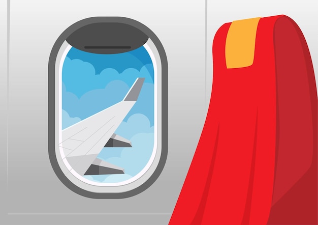 Vista desde la ventana del avión asiento de pasajero viaje en avión ilustración de vector de dibujos animados de estilo plano