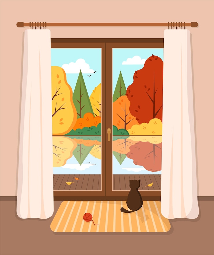Vector vista de la ventana del paisaje otoñal. linda ilustración vectorial.