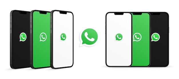 Vector vistas frontales y en perspectiva de la maqueta de la pantalla del teléfono móvil con el logotipo de whatsapp aislado en blanco