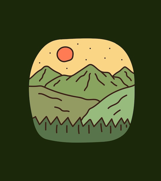 Vistas de las montañas y el bosque en el día nublado para el diseño de camisetas, el diseño de la insignia del emblema del parche, la caja de los teléfonos inteligentes, la forma irregular