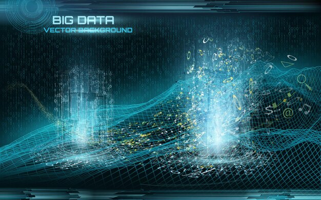 Visualización de big data Paisaje del ciberespacio Flujo de datos xATransferencia de datos Código binario xAEstilo retro xAFondo futurista