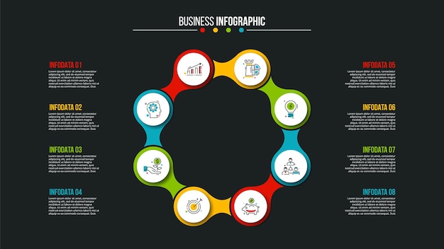 Visualización de datos comerciales Elementos abstractos del diagrama de ciclo con 8 pasos