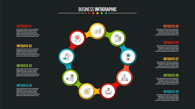 Visualización de datos comerciales elementos abstractos del diagrama de ciclo con 9 pasos