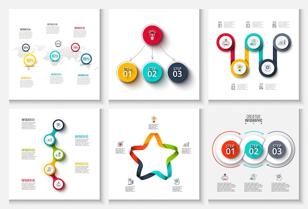 Visualización de datos comerciales Elementos abstractos del diagrama gráfico con 3 4 5 y 6 pasos