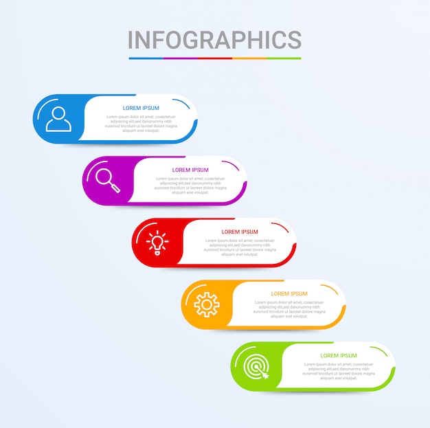 Visualización de datos comerciales, plantilla de infografía con 5 pasos en azul