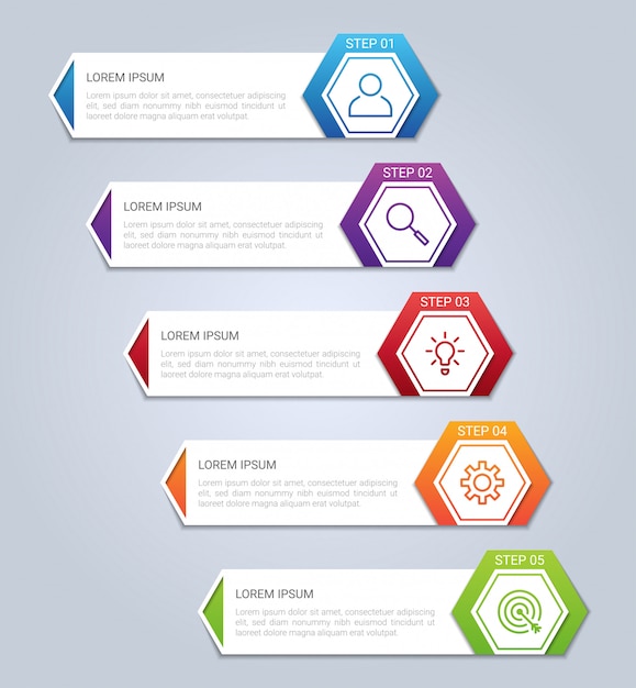 Visualización de datos comerciales, plantilla de infografía con 5 pasos sobre fondo gris, ilustración