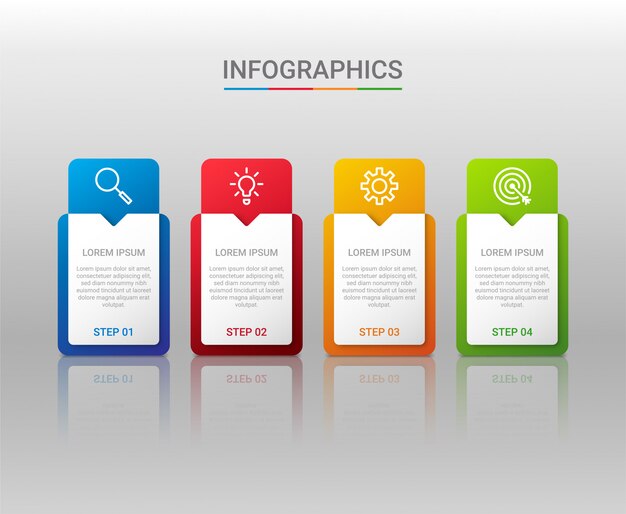 Visualización de datos comerciales, plantilla de infografía con pasos sobre fondo gris, ilustración