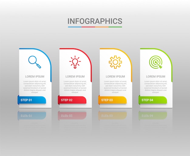 Visualización de datos comerciales, plantilla de infografía con pasos sobre fondo gris, ilustración