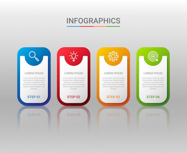 Visualización de datos comerciales, plantilla de infografía con pasos sobre fondo gris, ilustración
