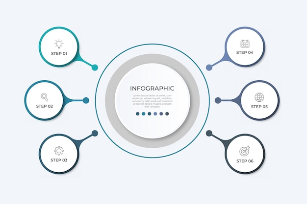Visualización de datos de negocios Diagrama de procesos Elementos abstractos de un diagrama de gráficos con 6 pasos Opciones partes o procesos Plantilla de negocio vectorial para presentación Concepto creativo para infografía