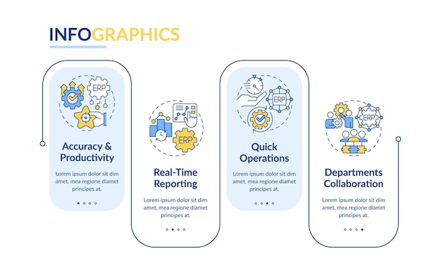Visualización de datos de plantilla de infografía multicolor vectorial de planificación de recursos empresariales 2D con gráfico de línea de tiempo de proceso de 4 pasos