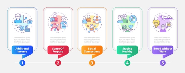 Visualización de datos de plantilla multicolor de infografías vectoriales de jubilación 2d con gráfico de línea de tiempo de proceso de 5 pasos
