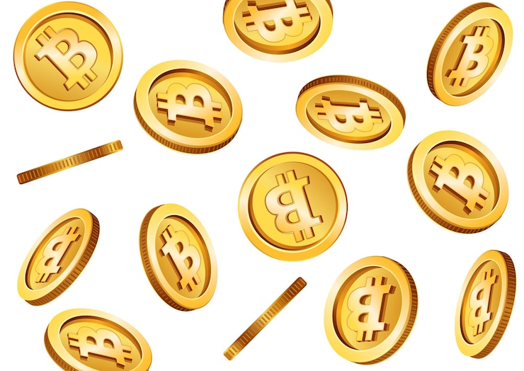 Vector una visualización dinámica de monedas de bitcoin en un arreglo flotante que muestra su diseño y valor en moneda digital