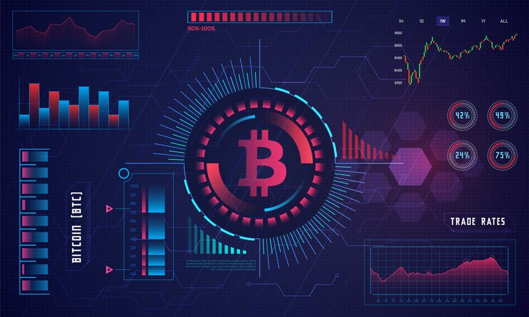 Vector visualización frontal de una plataforma de comercio de bitcoin.