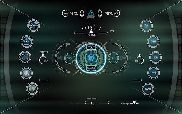 Visualización del futuro con visualización frontal. Resumen de HUD. Conjunto de interfaz de usuario de juego moderno de ciencia ficción futurista.