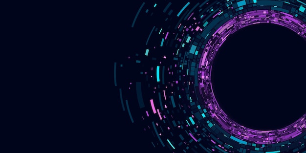 Visualización de grandes datos en el ciberespacio Círculos digitales de fragmentos de web azules y púrpuras Partículas de información en una red neuronal Ilustración vectorial