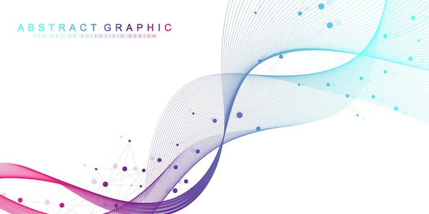 Visualización de grandes datos genómicos. Hélice de ADN, hebra de ADN, prueba de ADN. Molécula o átomo, neuronas. Estructura abstracta para ciencia o antecedentes médicos, banner. Flujo de olas.