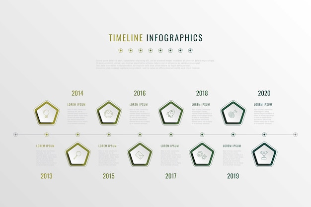 Visualización de la historia corporativa moderna con elementos pentagonales, indicación de año e íconos de marketing. infografía de datos de negocios 3d realista. plantilla de diapositiva de presentación de la empresa.