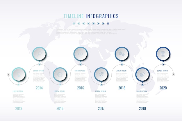 Visualización de la historia de la empresa moderna con iconos de marketing de líneas finas, indicación del año y mapa mundial