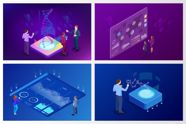 Visualización isométrica de Big Data Network, análisis avanzado, análisis de datos interactivos, investigación, auditoría, datos demográficos, inteligencia artificial, planificación, estadísticas, estructura de ADN digital, gestión