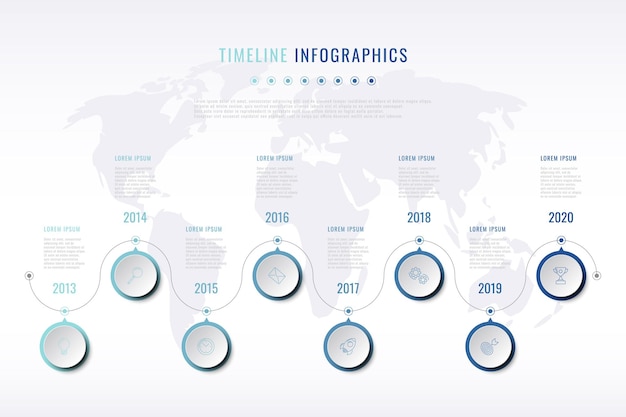 visualización moderna de la historia de la empresa con iconos de marketing de líneas finas, indicación del año y mapa mundial