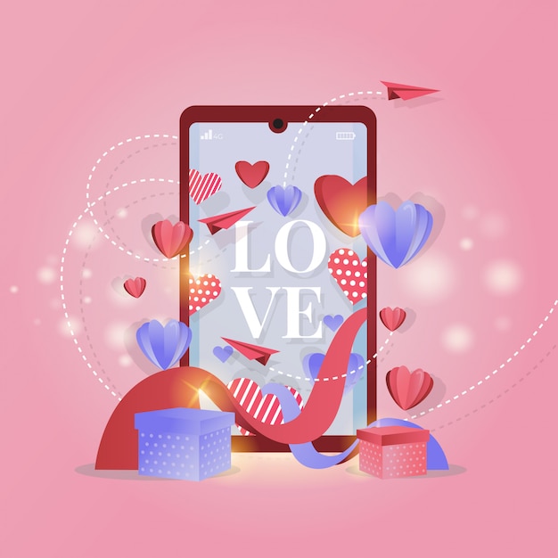 Vector visualización de pantalla móvil con textos de amor para los saludos de san valentín