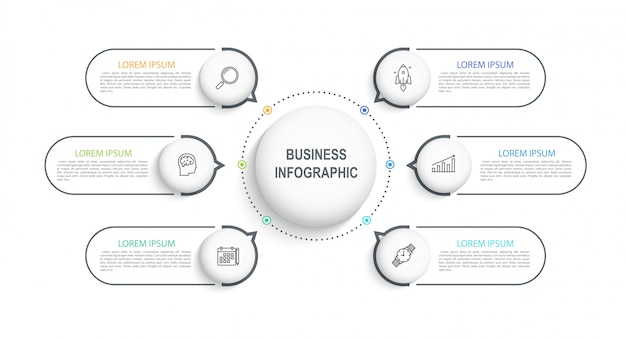 Visualización de plantilla de infografía de datos comerciales en una línea de tiempo con 6 pasos. Diagrama de flujo de trabajo o banner para diseño web.