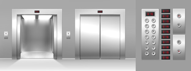 Vector visualización realista del número de piso, botones y ascensor de apertura y cierre. puertas metálicas levadizas 3d y panel interior. conjunto de vector de cabina de ascensores de carga