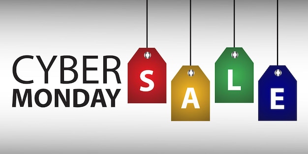 Visualización del sitio web de venta de Cyber Monday con coloridas etiquetas colgantes de promoción vectorial