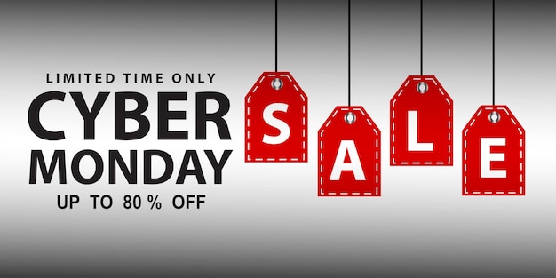 Visualización del sitio web de venta Cyber Monday con etiquetas colgantes rojas promoción vectorial