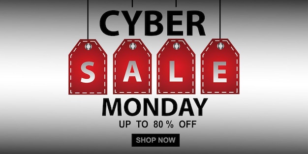 Visualización del sitio web de venta cyber monday con etiquetas colgantes rojas promoción vectorial