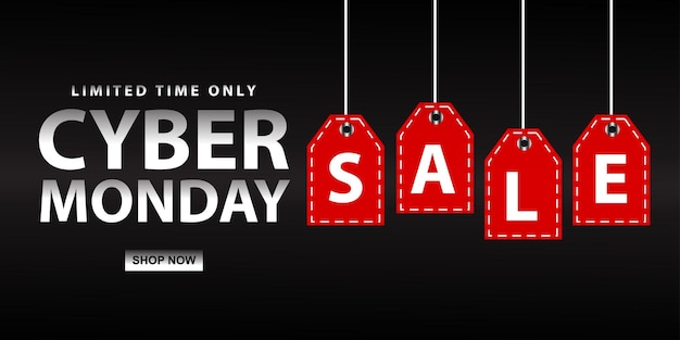 Visualización del sitio web de venta de Cyber Monday con promoción de vector de etiqueta colgante roja