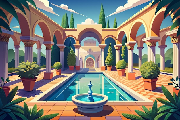 Vector visualize a mediterraneanstyle terrace with a romaninspired pool featuring grand archways sculpted fountains and intricate mosaic tile work