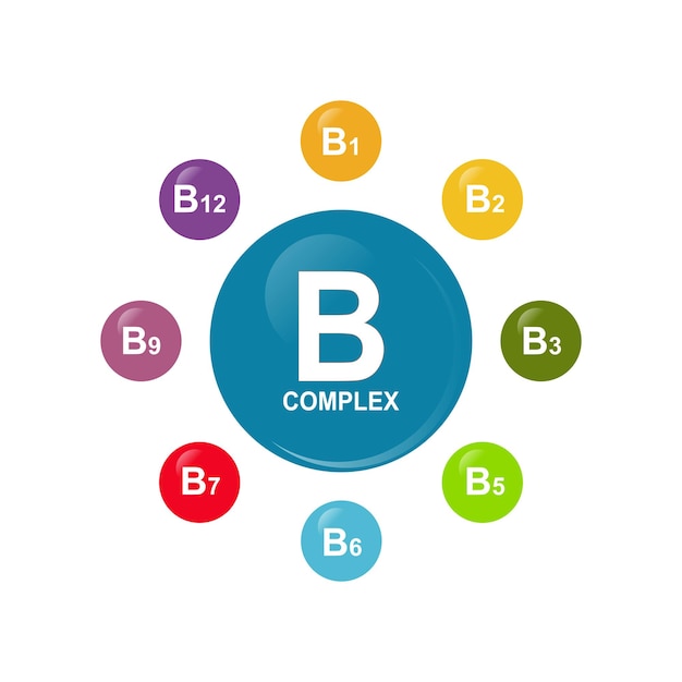 Vitamina B1 B2 B3 B12 C A D E y K vector Conjunto de íconos de complejo multivitamínico