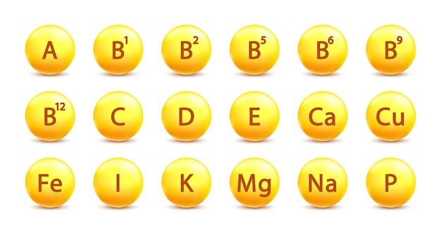 Vector vitamina a, b1, b2, b5, b6, b9, b12, c, d, e, ca, cu, fe, i, k, mg, na, p píldora dorada. complejo vitamínico y vitaminas esenciales. signo de nutrición. medicamento.