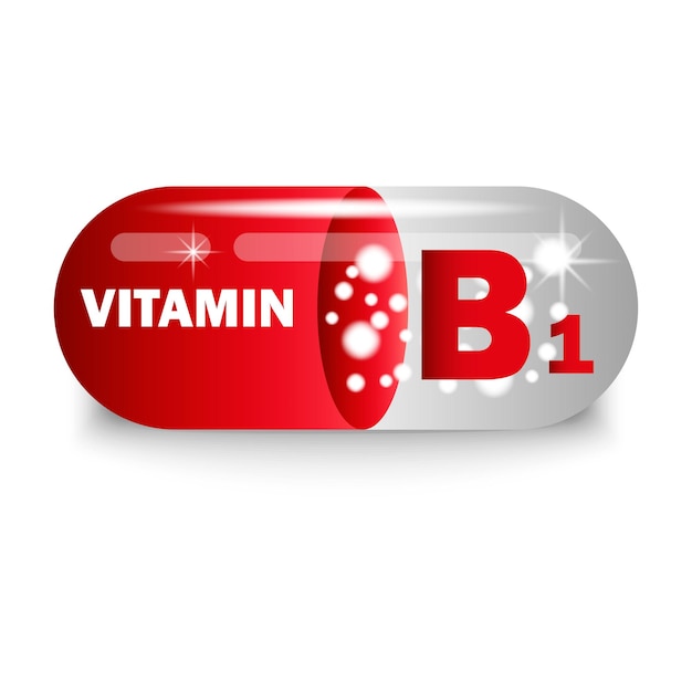 Vitamina b1, en, cápsula roja, píldora de la salud, vector, ilustración, eps, 10 Colección de imágen