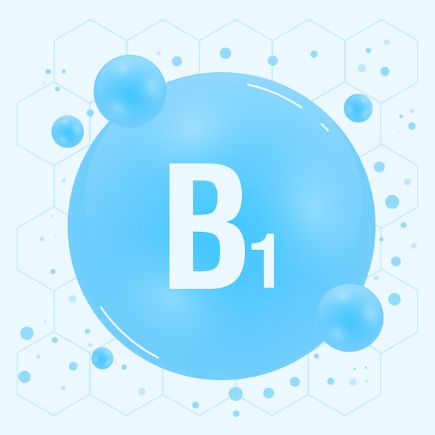 Vitamina B1 icono de cápsula de píldora brillante Complejo vitamínico con fórmula química grupo B tiamina Gota de sustancia brillante Medicamentos para anuncios de salud Ilustración vectorial