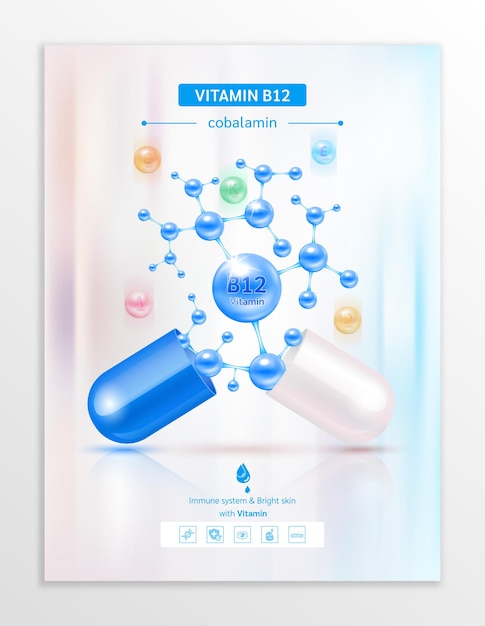 Vector vitamina b12 azul en cápsula vitaminas esenciales minerales complejos en forma molecular diseño de carteles