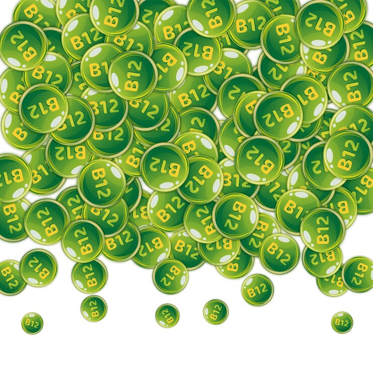 Vector vitamina b12 en pastillas redondas y desordenadas